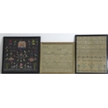 A selection of three Victorian needlepoint samplers and embroideries, comprising a sampler stitched ... 