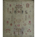 A George IV sampler on linen by Hannah Parker, dated 1828, embroidered with a lady gathering flowers... 