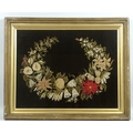 A Victorian mourning embroidery wreath, hand sewn in the form of a crescent swag with single red flo... 