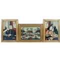 Chinese School (19th century): a pair of portraits and a river scene with boats, reverse glass paint... 