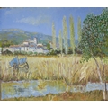 John Anthony Ash (1932-1999): a cart in a cornfield with village beyond in the French Impressionist ... 