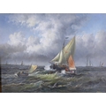 Johnny Gaston (British, b. Glasgow 1955): a view of three ships with a cloudy sky and white capped w... 
