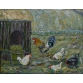 John Falconer Slater (British, 1857-1937): Rooster and chickens outside a hen house, oil on canvas, ... 
