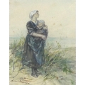 Elchanon Verveer (Dutch, 1826-1900): a fisher woman with babe in her arms, looking out to sea, water... 