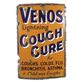 A Venos Lightening Cough Cure vintage enamel sign, the orange ground with dark blue, white and black... 