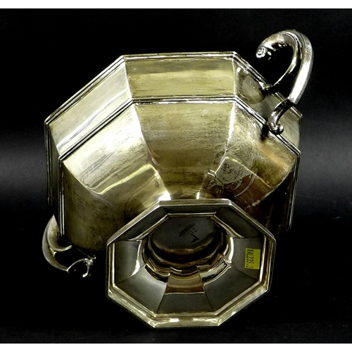 38 - An Edward VIII silver octagonal twin handled trophy, flying scroll handles, stepped octagonal base, ... 