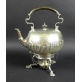 A Victorian silver spirit kettle on stand, the compressed globular body with wrythen lobed detailing... 