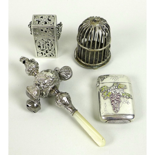 12 - A group of silver and plated vertu, comprising a silver and mother of pearl teething rattle, Birming... 