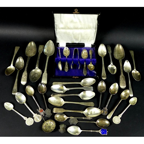 61 - A group of silver spoons and teaspoons, including three George IV fiddle pattern dessert spoons, Lon... 