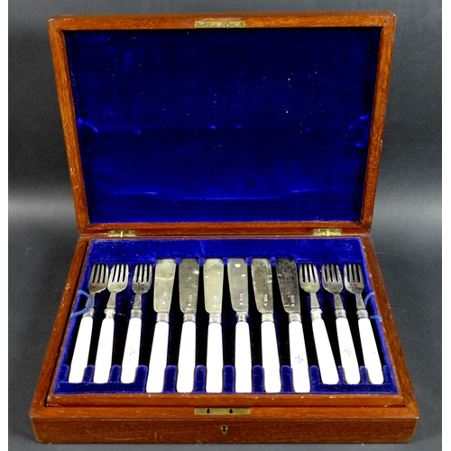 51 - A set of Edward VII silver fish eaters, twelve place settings of knives and forks, with ivory handle... 