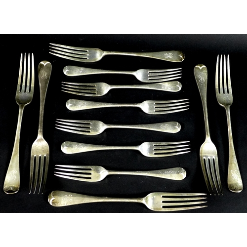 50 - A set of six Edward VII silver table forks and six dessert forks, Old English pattern, terminals eng... 