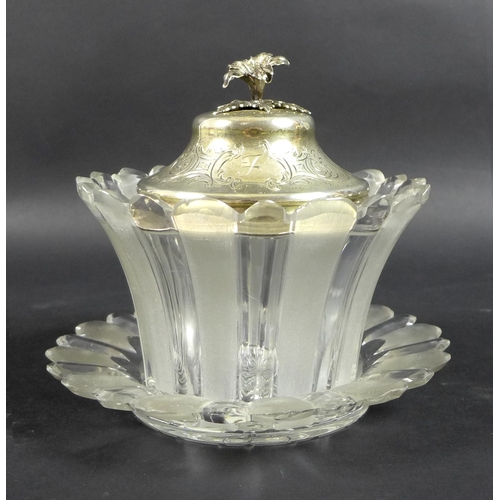58 - A Victorian silver and cut glass bon bon dish and stand, the silver domed circular lid with cast flo... 