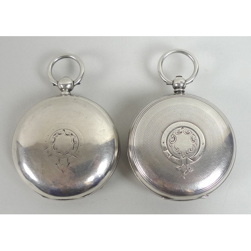 21 - Two silver pocket watches, both with white enamel dials with Roman numerals and subsidiary seconds d... 