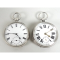Two silver pocket watches, both with white enamel dials with Roman numerals and subsidiary seconds d... 