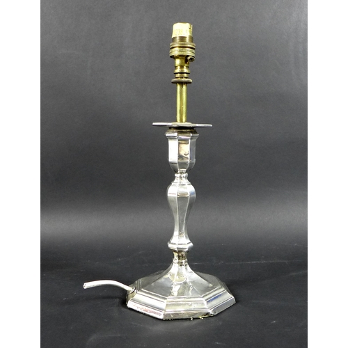 16 - An Edwardian silver candlestick, converted to a table lamp with brass fittings, of knopped form with... 