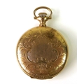 A gold plated Waltham USA full hunter pocket watch, keyless wind, engraved case, white enamel dial w... 