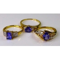 A group of three 18ct gold dress rings, each set with diamonds and tanzanites, two size N, one size ... 