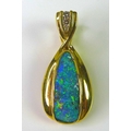 An 18ct gold pendant set with black opal, possibly Lightning Ridge, approx 3.55cts, three diamond br... 