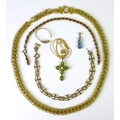A collection of 9ct gold jewellery, comprising a peridot and pearl cross with chain, an aquamarine t... 