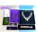 A collection of silver and costume jewellery, including a silver, amethyst, moonstone and topaz neck... 