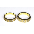 Two 9ct gold and diamond bands, each set with seven diamonds in recessed square settings, the first ... 