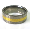 A titanium wide banded ring with band of gold to the centre, engraved 'infinity' to the inside, size... 