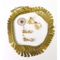 A group of 9ct gold jewellery, comprising a gold collar necklace of graduated fall fronds, a pair of... 