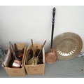 A selection of copper and brass including a set of copper saucepans, a copper bed warmer, WWI Trench... 