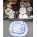 A collection of mixed china and glassware, including a large blue and white Willow pattern meat plat... 