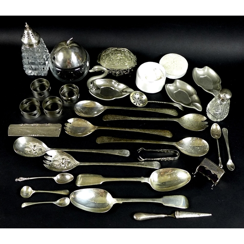 40 - A group of silver and plated items, comprising a pair of George IV serving spoons, London 1836, Morr... 