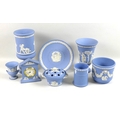 A group of modern Wedgwood blue jasperware, comprising commemorative 'Wedding Day' plate, three pede... 