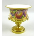 A modern Royal Worcester twin handled pedestal urn, hand painted fruit study decorated by D. Fuller,... 