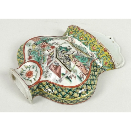 50 - A Chinese Qing Dynasty, 19th century, famille vert porcelain wall pocket, of flat back baluster vase... 