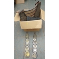 A Victorian cast iron fire grate, together with a collection of horse brasses. (1 box)