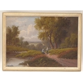 Etty Horton (active 1884-1918): figures beside a river, looking to the distant view of a hillside pa... 