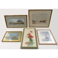 A group of five watercolours and oil paintings, comprising J. M. Wheldon: a brown sailed boat at sea... 