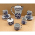 A 1970's coffee set in the style of Denby, blue Oriental deSign of birds and sakura on grey ground, ... 
