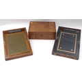 A group of three Victorian wooden boxes, comprising a walnut writing slope with inlaid brass plaque,... 