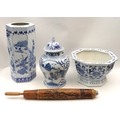 A group of Chinese blue and white ceramics including an umbrella stand, a jardiniere, large ginger j... 