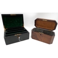 A Victorian tea caddy, inlaid detailing to body, together with a Victorian green leather jewellery b... 