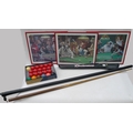 A collection of snooker related items including two cues, a set of snooker balls in original box and... 