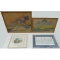 A group of pictures includin a Ronald Moore watercolour of Holy Island with Lutyens castle in the ba... 