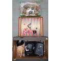 A group of collectables and porcelain figurines, comprising a wooden backgammon board, plastic piece... 