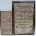 Two samplers on linen, one with Alphabet in lilac and green threads on open weave linen, by Elizabet... 