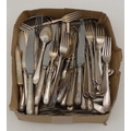 A quantity of silver plated flatware circa 1930, comprising knives, forks, dessert knives and forks,... 