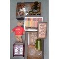 A collection of items including a vintage Bush radio with bakelite case, a bag of coins, two boxes o... 
