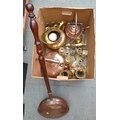 A collection of copper and brass, including a kettle and spirit burner stand, bowls, tray, ornaments... 