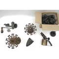 A selection of metalware including two rubber stamp stands, complete with a large collection of stam... 
