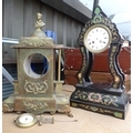 A green hardstone mantel clock case, without movement, brass bust surmount of Byron, 47cm, together ... 