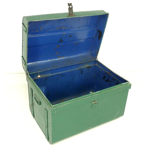 333 - A Victorian metal trunk, green painted exterior, with brass lock stamped 'Thomasson's Patent No 1666... 